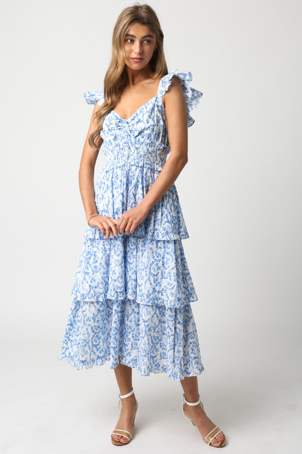 "Tara" Floral Midi Dress (Blue/White)