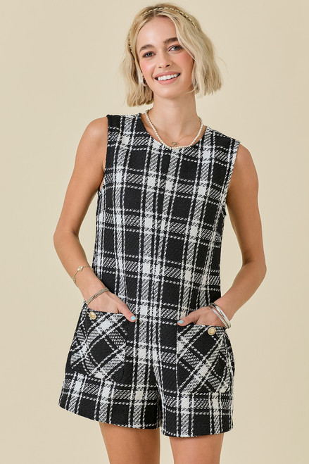 "Meredith" Tweed Romper (Black/White)