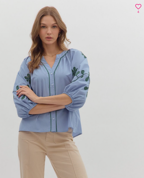 "Jill" Embroidered Top (Slate Blue) "Jill" Embroidered Top (Slate Blue)