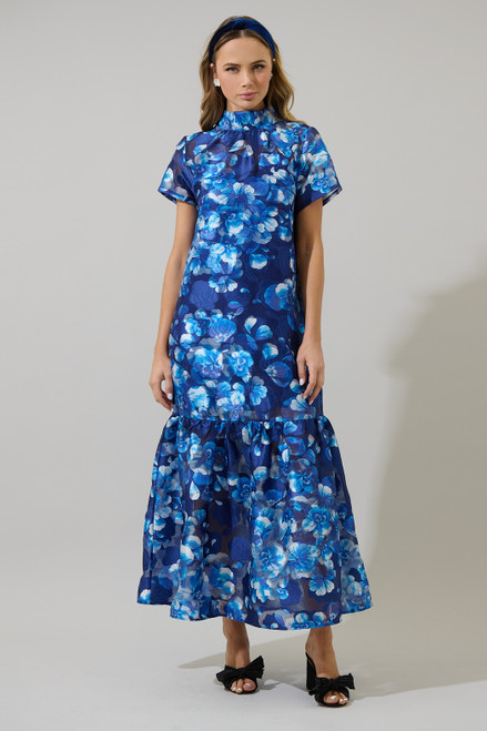 "Abbie" Organza Maxi Dress (Blue Floral)