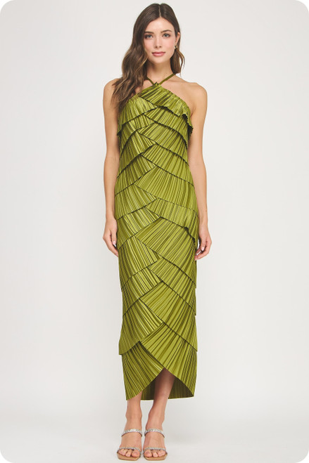 "Ella Grace" Pleated Satin Dress (Olive Citron)