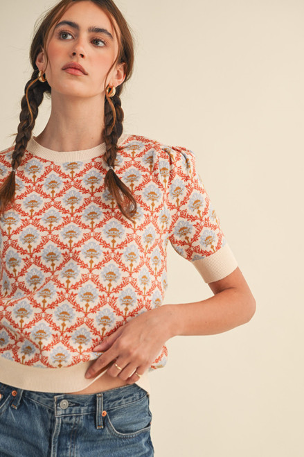 "Ryan" Floral Sweater Top (Ivory/Orange)