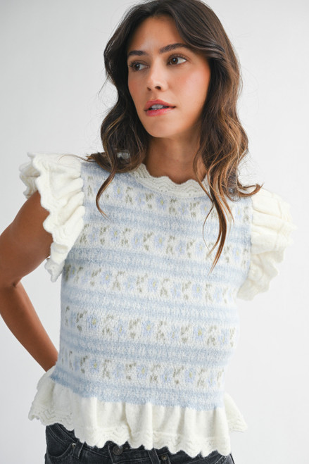 "Maggie" Ruffled Sweater Top (Blue Mix)