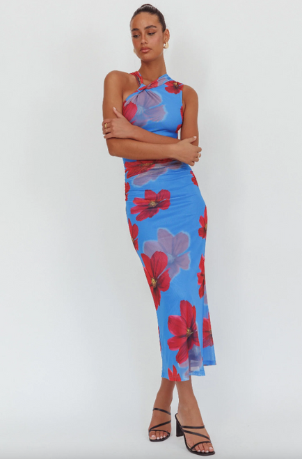 "Clara" Bodycon Midi Dress (Blue/Red)