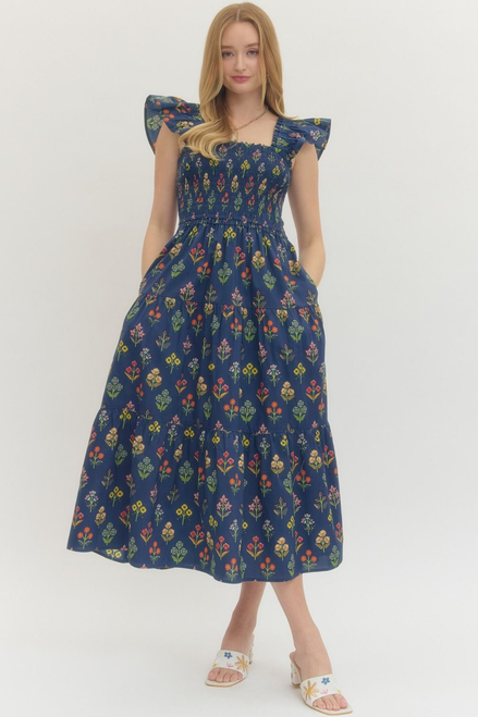 "Mabel" Floral Midi Dress (Navy)