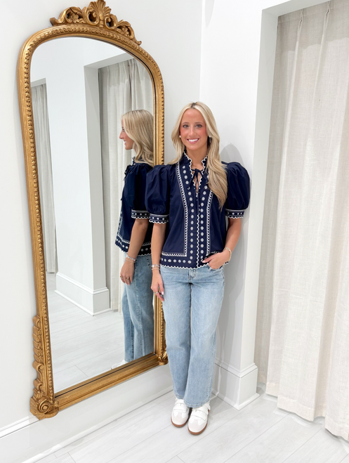 "Millie" Embroidered Top (Navy/White)