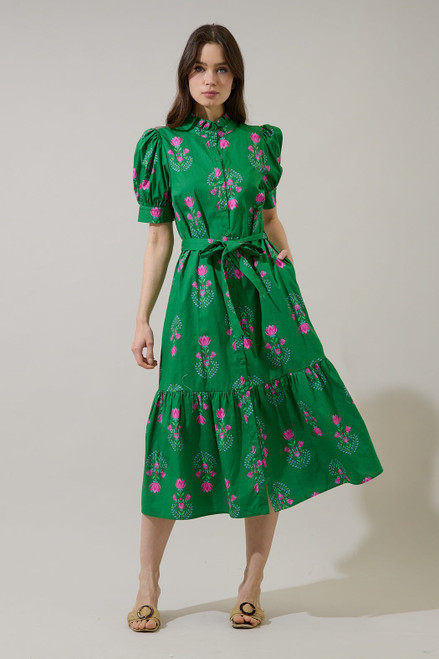 "Cassidy" Block Print Dress (Green/Pink)