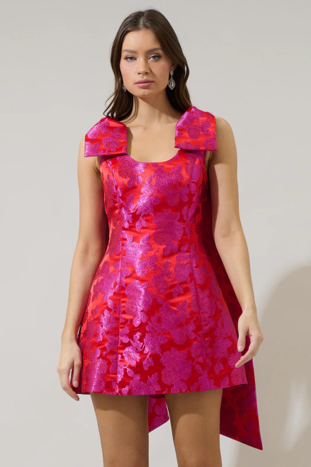 "Dudley" A-Line Mini Sash Dress (Pink Jacquard) 