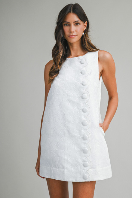 "Harper" Jacquard Buttoned Dress (White)