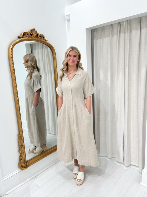 "Lillie" Linen Midi Dress (Khaki)
