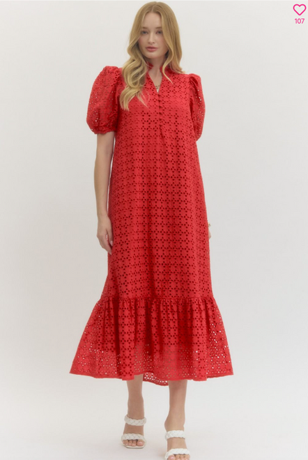 "Shelly" Eyelet Midi Dress (Red)