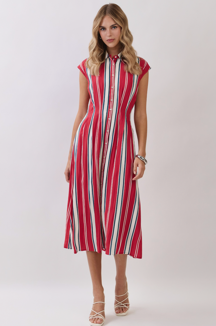 "Nora" Striped Midi Dress (Red/Navy)