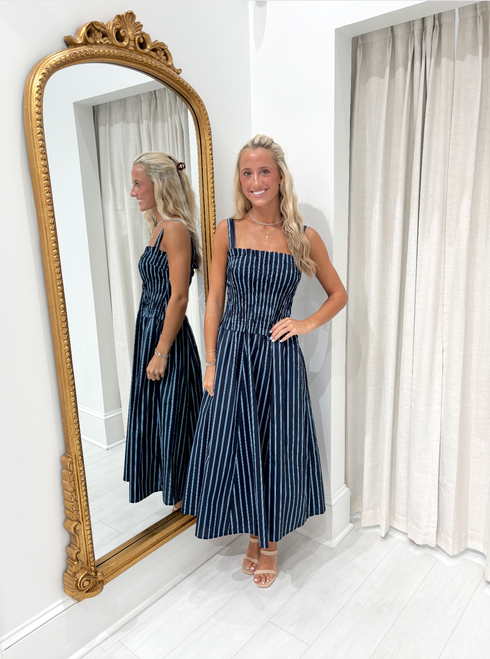 "Charlie" Striped Midi Dress (Navy/Blue)