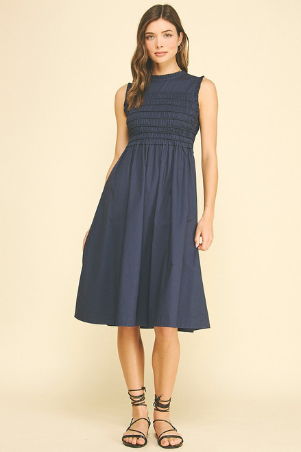 "Hannah" Smocked Midi Dress (Navy)