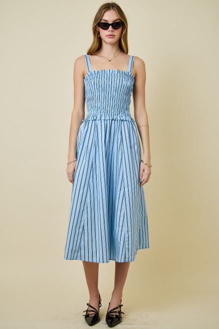 "Charlie" Striped Midi Dress (Light Blue/Navy)