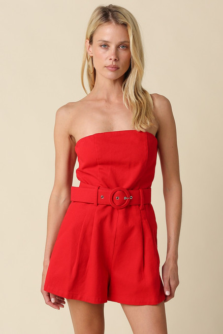 "Louise" Denim Belted Romper (Red)