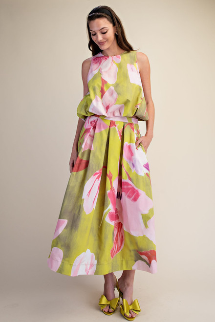 "Blair" Floral Midi Skirt Set (Lime)