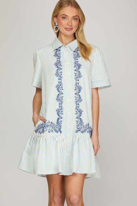 "Paula" Striped Embroidered Dress (Blue Mix)