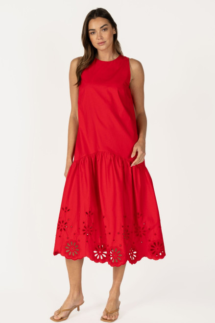 "Layne" Eyelet Poplin Dress (Red)