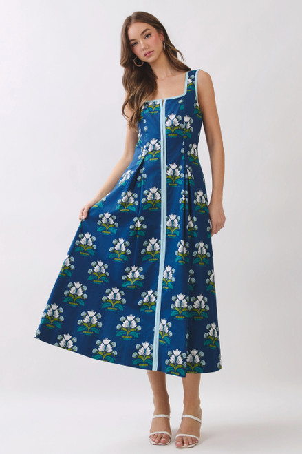 "Shirley" Block Print Midi Dress (Navy Mix)