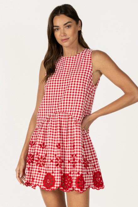 "Grace" Gingham Embroidered Dress (Red)