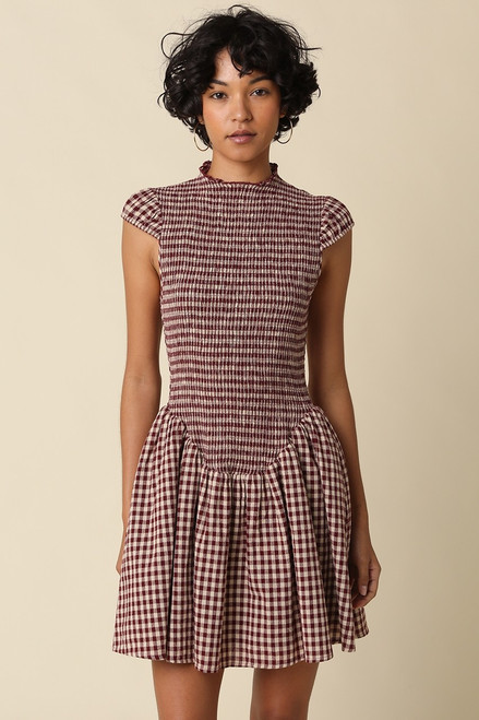 "Jane" Gingham Dress (Burgundy/Taupe)