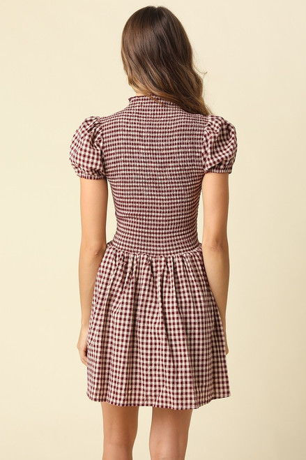 "Sarah" Gingham Dress (Burgundy/Taupe)
