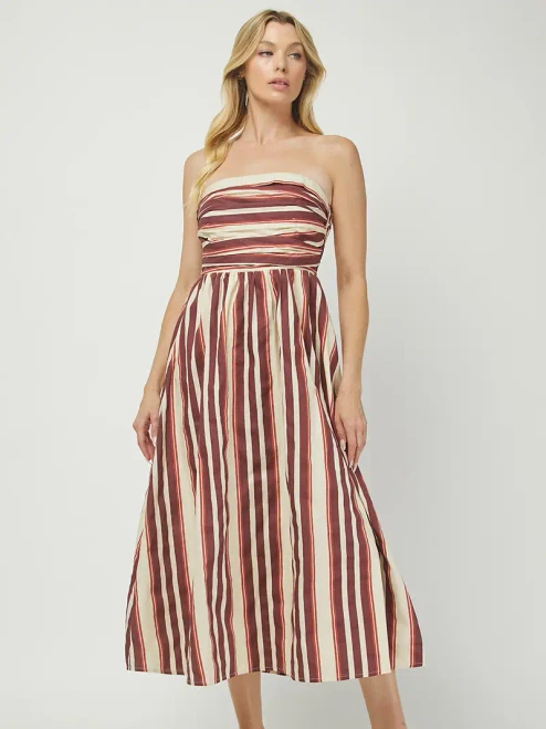 "Tate" Striped Midi Dress (Wine Mix)