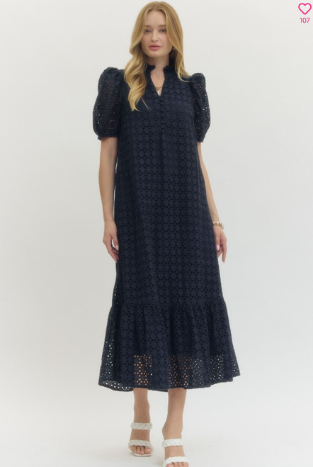 "Shelly" Eyelet Midi Dress (Navy)