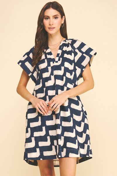 "Penny" Geometric Tunic Dress (Navy)