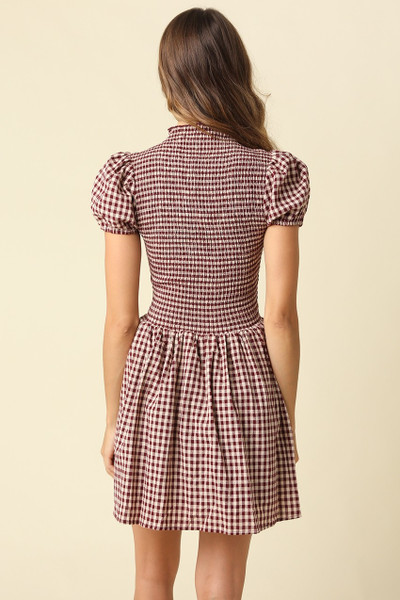 "Sarah" Gingham Dress (Burgundy/Taupe)