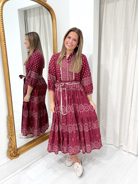 "Lyla" Block Print Midi Dress (Burgundy)