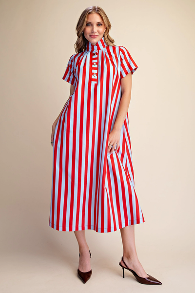 "Oxford" Striped Midi Dress (Red/Blue)