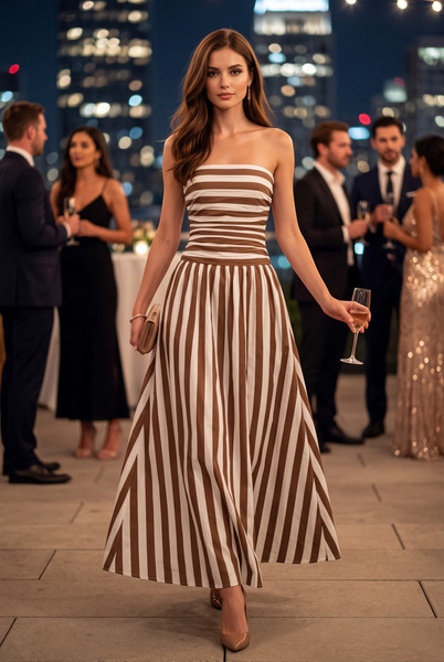 "Davis" Striped Midi Dress (White/Mocha)