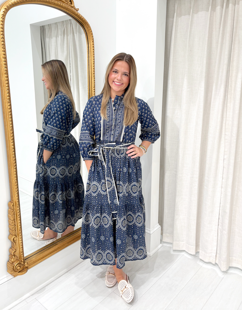 blue and white block print dress 