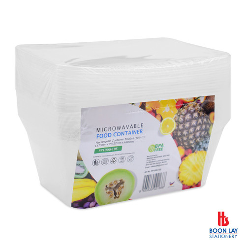 Microwavable Food Container Rectangular 1000ml - Pack of 10's (PP1000)