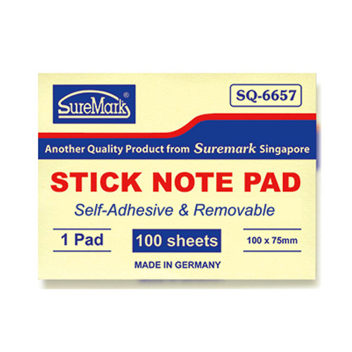 SUREMARK Stick Note Pad 100x75mm Yellow  (SQ6657)