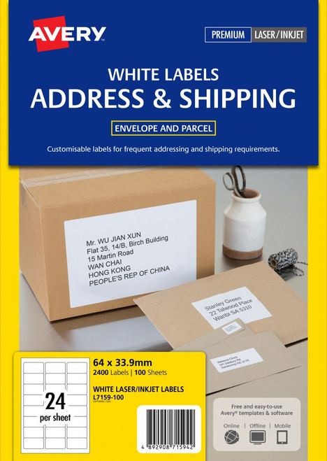 AVERY White Address Labels 64x33.9mm - Box of 100's (L7159-100)
