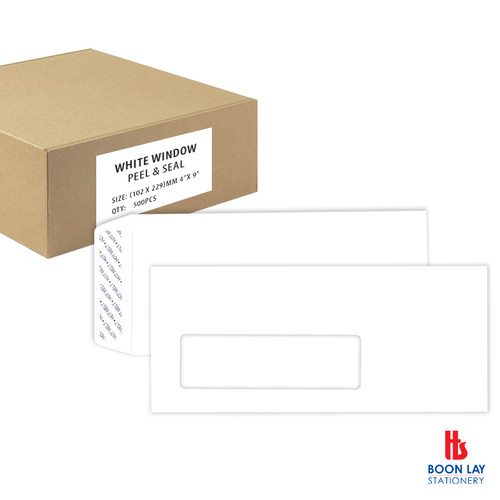 White Peel & Seal Envelope with Window 4"x 9" - Box of 500's