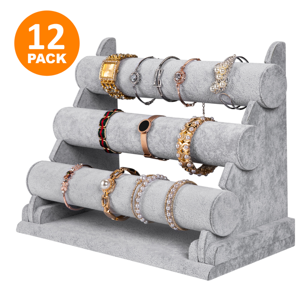 Detachable 3-Tier/Triple Bar Jewelry Display, Gray Velvet (12-Pack)