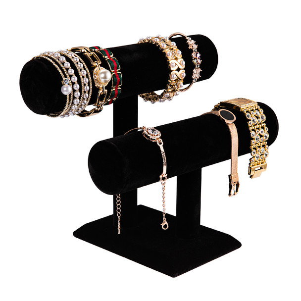 Polmart Double T-Bars 2-Tier Jewelry Display, Black Velvet (12-Pack)
