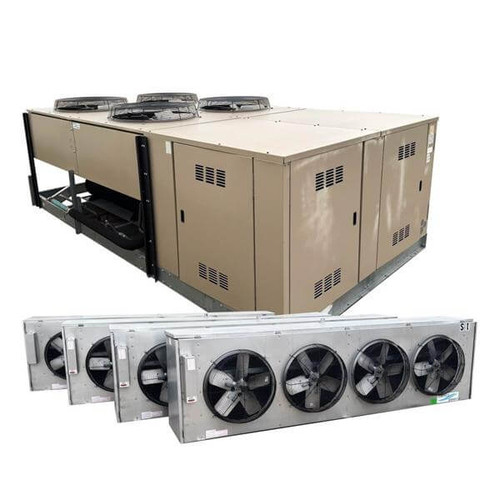 Large commercial refrigeration system featuring a multi-fan rooftop condensing unit and a row of four matching evaporator units