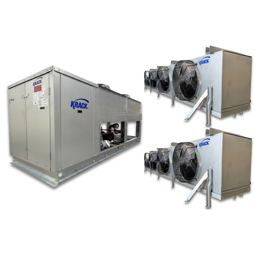 Gray condensing unit front side view showing labels and gray evaporator with four fans front side view showing labels.