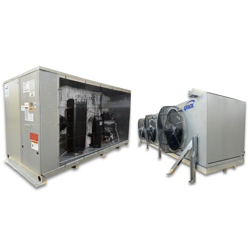 Gray condensing unit front side view showing labels and gray evaporator with three fans front side view showing labels.