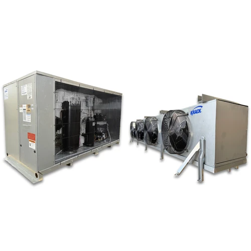 Gray condensing unit front side view showing labels and gray evaporator with four fans front side view showing labels.
