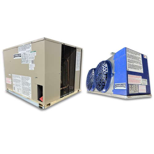Beige condensing unit front side view showing labels and blue/gray evaporator with two fans front side view showing labels.