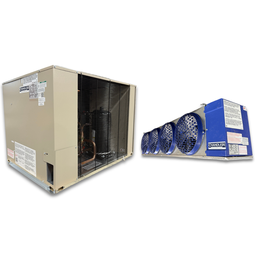Beige condensing unit front side view showing labels and blue/gray evaporator with four fans front side view showing labels.