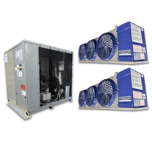 Gray condensing unit front side view showing labels and two blue/gray evaporator with three fans front side view showing labels.