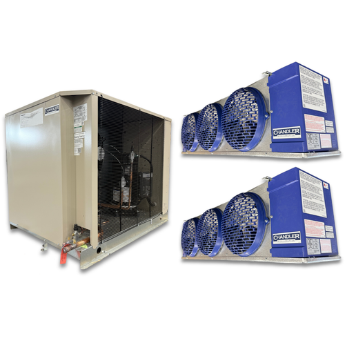 Beige condensing unit front side view showing labels and two blue/gray evaporator with three fans front side view showing labels.