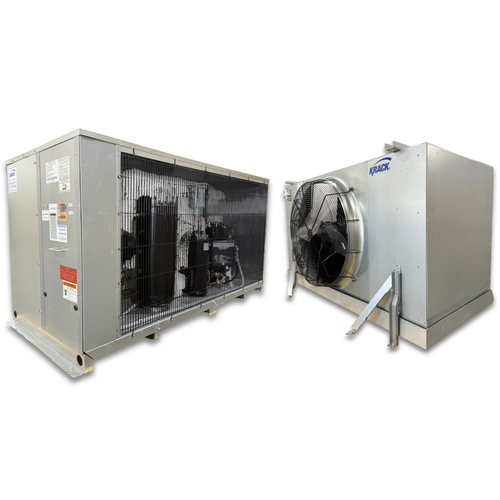 Gray condensing unit front side view showing labels and gray evaporator with one fan front side view showing labels.